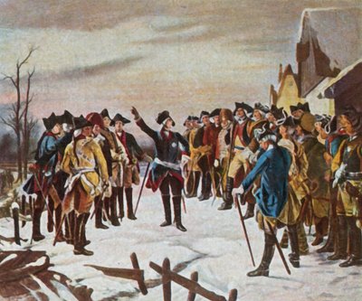 Projev Fridricha Velikého ke svým generálům večer před bitvou u Leuthenu, 5. prosince 1757 (barevná litografie) od Fritz Roeber