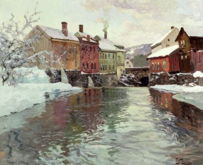 Zasněžené budovy u řeky od Frits Thaulow