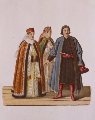Oblečení neprovdaných dcer Boyarových v době Petra I. Ze série Oblečení od Fyodor Grigoryevich Solntsev