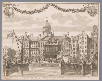Dav na náměstí Dam v Amsterdamu oslavuje prohlášení Willema IV. jako stadtholdera Znázornění lidí a vlajek vystřelených při prohlášení prince Viléma IV. za stadtholdera atd. Holandska, provedené až do Amsterdamu dne 2. května 1747 (název na o od G.J. Marstaller