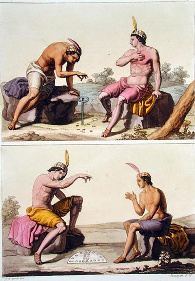 Indiáni hrající Queciu (nahoře) a Porotos (dole), Chile, z „Le Costume Ancien et Moderne“, svazek II, deska 29, Jules Ferrario, vyryto Paolo Fumagalli, vydáno kolem 20.–30. let 18. století (barevně lito) od G. (after) Bramati