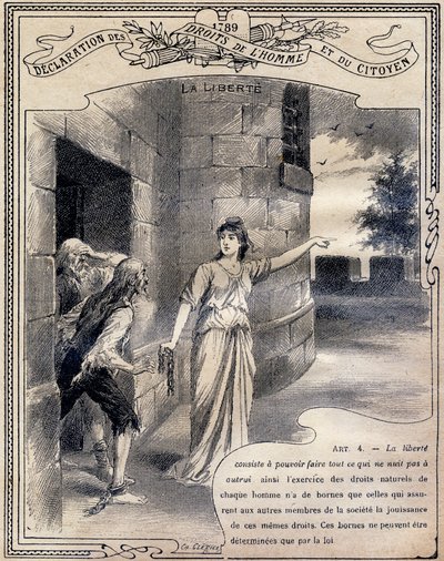 1789: Deklarace práv člověka a občana: Svoboda. Rytina v „Jednotné knize morálky a občanské výchovy, určené pro žáky tří oborů základní školy a pro žáky základních tříd lyceí a vyšších odborných škol, II. od G. Dascher