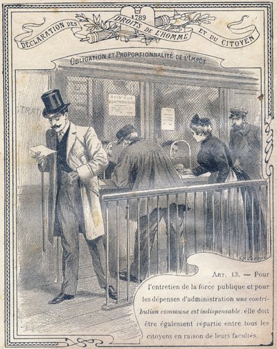 1789: Deklarace práv člověka a občana: Povinnost a přiměřenost daně. Hlubotisk v „Ojedinělé knize etiky a občanské výchovy, určené pro studenty tří oborů základní školy a základních tříd od G. Dascher
