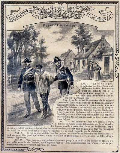1789: Deklarace práv člověka a občana: Úcta k právu. Rytina v „Unikátní knize etiky a občanské výchovy, určená studentům tří oborů základní školy a primárních tříd lyceí a vyšších odborných škol, Deuxi od G. Dascher