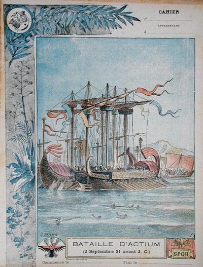 Obálka školního sešitu znázorňující bitvu u Actia, 2. září 31 př. n. l., kolem roku 1900 (barevně lito) od G. Dascher