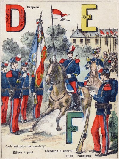Písmena D E F: Vlajka, Vojenská škola Saint-Cyr (Saint Cyr), Pěší Elévé, Horse Squadron, Rifle and Fantassin, kolem roku 1900 (litografie) od G. Dascher