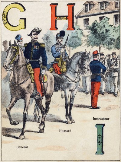 Písmena G H I: Generál, Hussard a Instruktor. Gravírování v "Alphabet militaire", série Grand-Bebe. Rytina. Pont-a-Mousson zobrazování. Louis Vagne, Printer-Publisher, circa 1900. Ilustrace G. Dascher. 20 stran. Rozměr: 31,5 x 24,5 cm od G. Dascher