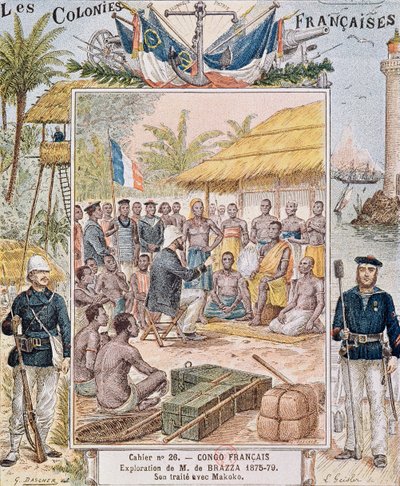 Průzkum pana de Brazza (1875-79) Jeho smlouva s Makoko, ilustrace z „Les Colonies Francaises“ od G. Dascher