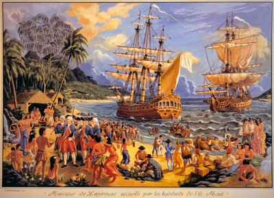 Jean Francois Galaup de Laperouse vítán obyvateli ostrova Mawee na Sandwichových ostrovech v Tichém oceánu (barevné lito) od G. Delcausse