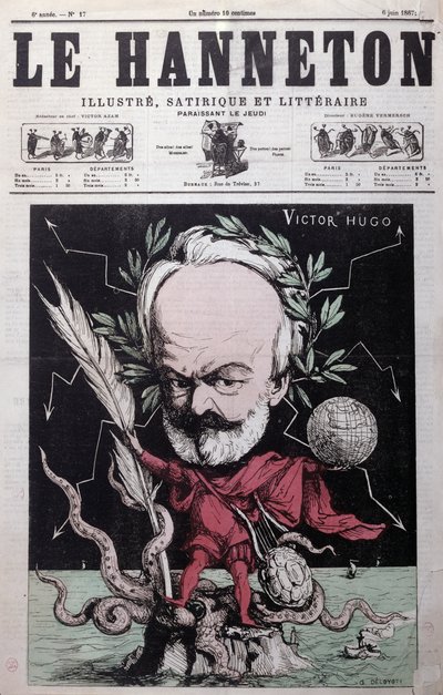 Karikatura Victora Huga (1802-85) jako Zeuse v exilu na Guernsey z přední obálky Le Hanneton, červen 1867 od G. Deloyoti