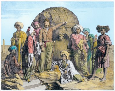Archeolog Bernardino Drovetti měřící kolosální hlavu v egyptské poušti, 1819 od G Engelmann
