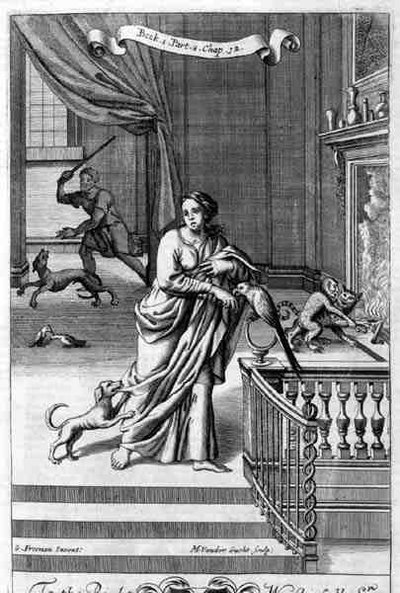 Interiér se ženou a zvířaty, ilustrace z Knihy 1 Část 8 Kapitola 12 „Principy filozofie“ od Anthonyho Le Granda, vyryl Michiel van der Gucht (1660-1725) od G Freman