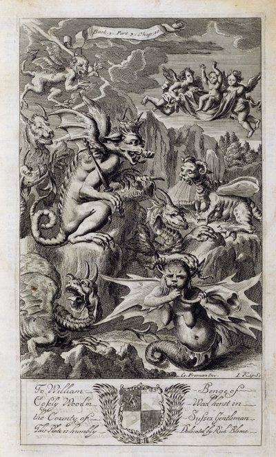 Scéna z pekla, ilustrace z Knihy 1 Část 3 Kapitola 10 „Principy filozofie“ od Anthonyho Le Granda, vyryl Johannes Kip (16523-1722) 1694 od G Freman