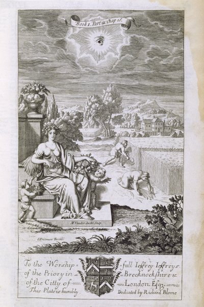 Boží oko sleduje sklizeň, ilustrace z knihy 1, část 2, kapitola 16 knihy „Principy filozofie“ od Anthonyho Le Granda, vyryl Michiel van der Gucht (1660-1725), 1694 od G Freman