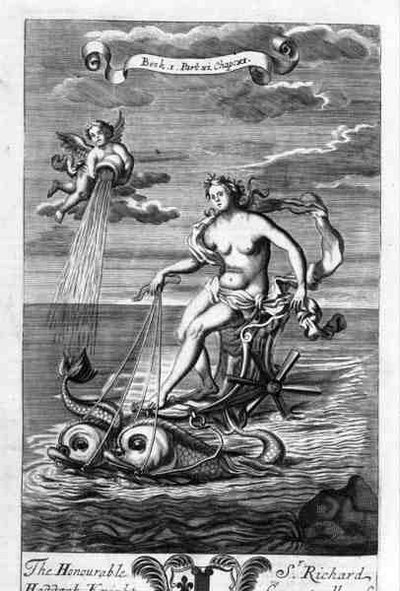 Venuše na voze taženém delfíny, ilustrace z knihy 1, část 6, kapitola 11 knihy „Principy filozofie“ od Anthonyho Le Granda, vyrytý Michiel van der Gucht (1660-1725) od G Freman
