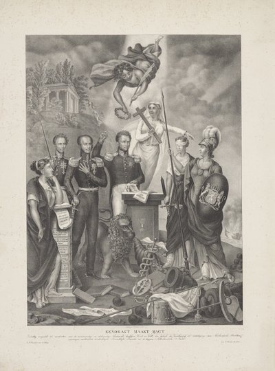 Alegorie smlouvy mezi princem a lidem, 1832 Eendragt činí Magt / Zinnebeeldig prezentován na památku slavného a velkorysého Eendrachtu mezi princem a lidem za účelem zachování a obrany holandských práv (titul o od G. Havius Zanders