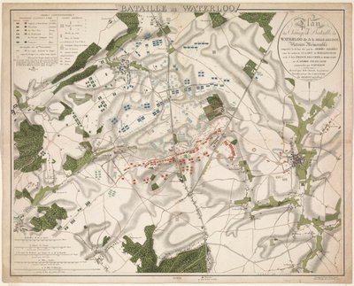 Kaart van de Slag u Waterloo, 1815 Bitva u Waterloo / Plán bitevního pole u Waterloo s názvem Belle-Alliance. Památné vítězství vybojované 18. června 1815 spojeneckými armádami (...) (název na předmětu) od G. Jacowick