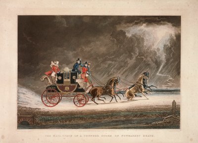 Poštovní autobus v bouřce na Newmarket Heath, Suffolk, 1827. od G Reeves