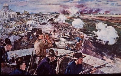 Španělsko-americká válka 1898, americké dělostřelectvo v akci na Filipínách (akvarel na papíře) od G. W. Peters