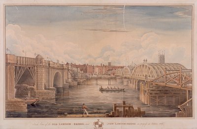 London Bridge starý a nový, Londýn, 1827 od G Yates