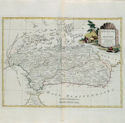 Andalusia and Granada, rytina G. Zuliani převzatá z Toma I. z Nejnovějšího atlasu vydaného v Benátkách v roce 1776 Antoniem Zattou, Soukromá sbírka od G. Zuliani