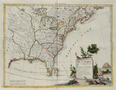Kanada, anglické kolonie s Louisianou a Floridou, rytina G. Zuliani převzatá z Toma I. z Nejnovějšího atlasu vydaného v Benátkách v roce 1778 Antoniem Zattou, Soukromá sbírka od G. Zuliani