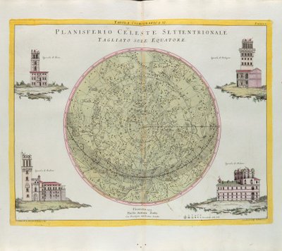 Kosmografická tabulka severní nebeské planisféry řez na rovníku, rytina G. Zuliani převzatá z Toma I. z Nejnovějšího atlasu vydaného v Benátkách v roce 1777 Antoniem Zattou od G. Zuliani