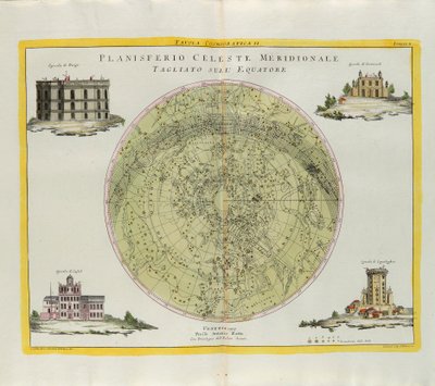 Kosmografická deska jižní nebeské planikoule řezaná na rovníku, rytina G. Zuliani převzatá z Toma I. z Nejnovějšího atlasu vydaného v Benátkách v roce 1777 Antoniem Zattou od G. Zuliani