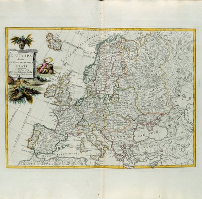 Evropa rozdělená na své hlavní státy, rytina G. Zuliani převzata z Toma I. z Nejnovějšího atlasu vydaného v Benátkách v roce 1776 Antoniem Zattou, Soukromá sbírka od G. Zuliani