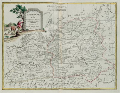 Extremadura a Castilla la Nueva, rytina G. Zuliani převzatá z Toma I. z Nejnovějšího atlasu vydaného v Benátkách v roce 1776 Antoniem Zattou, Soukromá sbírka od G. Zuliani