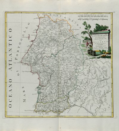 Extremadura of Portugal Alentejo nebo Algarve, rytina G. Zuliani převzatá z Toma I. z nejnovějšího atlasu vydaného v Benátkách v roce 1776 Antoniem Zattou, soukromá sbírka od G. Zuliani