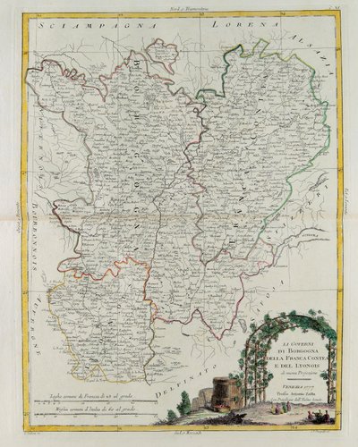 Governance of Bourgogne, Franca Contea a Lyons, rytina G. Zuliani převzatá z Toma I. z Nejnovějšího atlasu vydaného v Benátkách v roce 1777 Antoniem Zattou, Soukromá sbírka od G. Zuliani