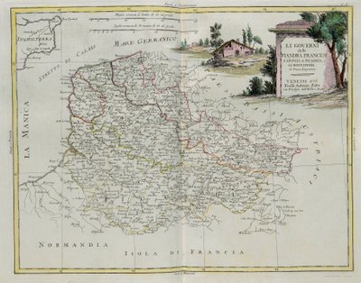 Governances of French Flanders, Artois, Picardy and Boulonois, rytina G. Zuliani převzatá z Toma I. z Nejnovějšího atlasu vydaného v Benátkách v roce 1776 Antoniem Zattou, Soukromá sbírka od G. Zuliani