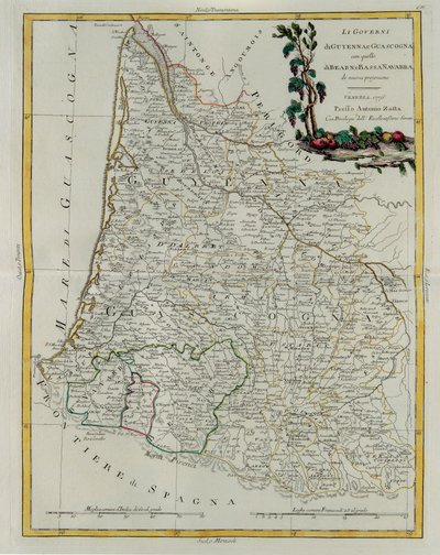Governances of Guyenne and Gascogne with the Bearn and Lower Navarre, rytina G. Zuliani převzatá z Toma I. z Nejnovějšího atlasu vydaného v Benátkách v roce 1776 Antoniem Zattou, Soukromá sbírka od G. Zuliani