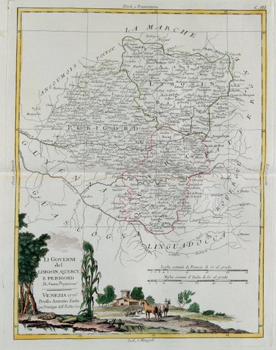 Governances of Limosin, Quercy and Perigord, rytina G. Zuliani převzatá z Toma I. z Nejnovějšího atlasu vydaného v Benátkách v roce 1776 Antoniem Zattou, Soukromá sbírka od G. Zuliani