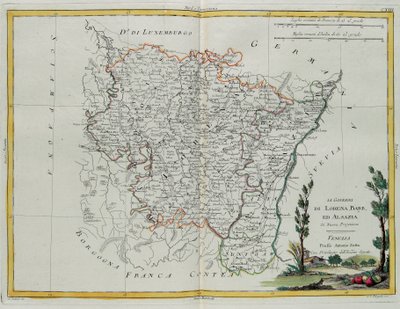 Governances of Lorraine, Barr and Alsace, rytina G. Zuliani převzatá z Toma I. z "Nejnovějšího atlasu" vydaného v Benátkách od Antonia Zatty, Soukromá sbírka od G. Zuliani