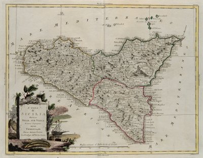 Ostrov Sicílie, rozdělený na svá údolí, rytina G. Zuliani převzatá z Toma II z Nejnovějšího atlasu vydaného v Benátkách v roce 1782 Antoniem Zattou, Soukromá sbírka od G. Zuliani