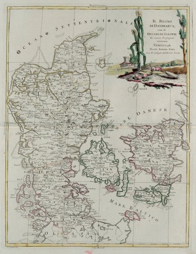 Dánské království s vévodstvím Slesvik, rytina G. Zuliani převzatá z Toma III z „Nejnovějšího atlasu“ vydaného v Benátkách v roce 1781 Antoniem Zattou, Soukromá sbírka od G. Zuliani
