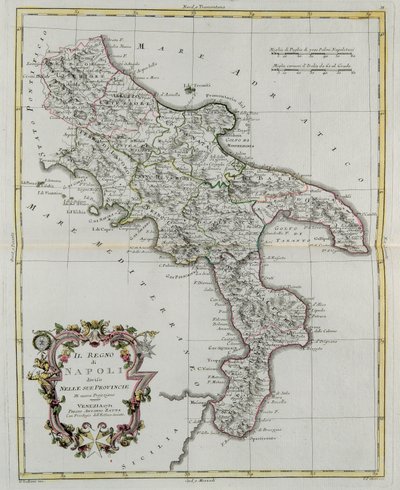 Neapolské království rozdělené na své provincie, rytina G. Zuliani převzatá z Toma II z „Nejnovějšího atlasu“ vydaného v Benátkách v roce 1781 Antoniem Zattou, Soukromá sbírka od G. Zuliani