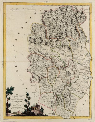 Oblast státu Veneto: oblast Vicenza rozdělená na svá biskupství a magistráty, rytina G. Zuliani převzatá z Toma II z „Nejnovějšího atlasu“ vydaného v Benátkách v roce 1782 Antoniem Zattou, Soukromá sbírka od G. Zuliani