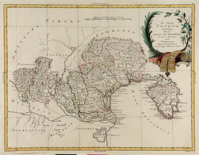 Oblast státu Veneto, rozdělená na jeho provincie, rytina G. Zuliani převzatá z Toma II z „Nejnovějšího atlasu“ vydaného v Benátkách v roce 1782 Antoniem Zattou, Soukromá sbírka od G. Zuliani