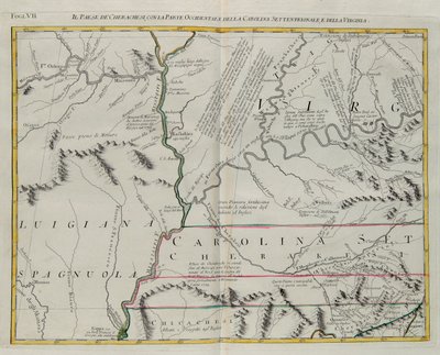 Země Cherokees se západní částí Severní Karolíny a Virginie, rytina G. Zuliani převzatá z Toma I. z „Nejnovějšího atlasu“ vydaného v Benátkách v roce 1778 Antoniem Zattou, Soukromá sbírka od G. Zuliani