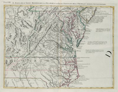 Maryland, jižní New Jersey, Delaware a východní část Virginie a Severní Karolíny, rytina G. Zuliani převzatá z Tome I z „Nejnovějšího atlasu“ vydaného v Benátkách v roce 1778 Antoniem Zattou, Soukromá sbírka od G. Zuliani