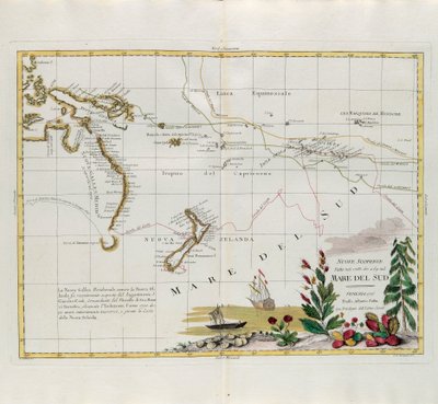 Nové objevy učiněné v letech 1775, 67 a 69 v jižních mořích, rytina G. Zuliani převzatá z Toma I. z Nejnovějšího atlasu vydaného v Benátkách v roce 1776 Antoniem Zattou, Soukromá sbírka od G. Zuliani