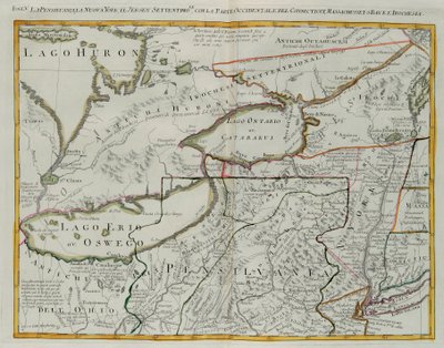 Pennsylvania, New York, jižní New Jersey, se západní částí Connecticutu, Massachusetts Bay a Land of the Iroquois, rytina G. Zuliani převzatá z Tome I z „Nejnovějšího atlasu“ vydaného v Benátkách v roce 1778 Antoniem Zattou, Private Collection od G. Zuliani