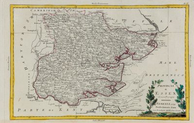 Provincie Essex, rytina G. Zuliani převzatá z Toma I. z „Nejnovějšího atlasu“ vydaného v Benátkách v roce 1779 Antoniem Zattou, Soukromá sbírka od G. Zuliani