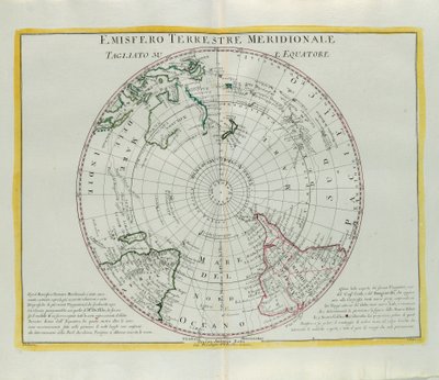 Jižní polokoule Země řez na rovníku, rytina G. Zuliani převzata z Toma I. z Nejnovějšího atlasu vydaného v Benátkách v roce 1779 Antoniem Zattou od G. Zuliani