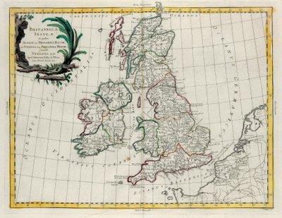 Britské ostrovy, na kterých se nachází Albion nebo Velká Británie a Ivernia nebo Malá Británie, rytina G. Zuliani převzatá z Toma I. z Nejnovějšího atlasu vydaného v Benátkách roku 1785 Antoniem Zattou od G. Zuliani