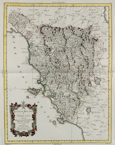 Toskánské velkovévodství rozdělené na své provincie, rytina G. Zuliani převzatá z Toma II z „Nejnovějšího atlasu“ vydaného v Benátkách v roce 1783 Antoniem Zattou, Soukromá sbírka od G. Zuliani