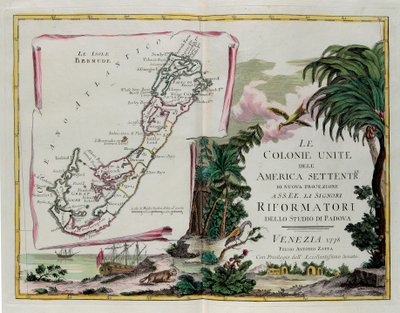 Bermudské ostrovy a frontispice části věnované Spojeným koloniím Severní Ameriky, rytina G. Zuliani převzatá z Toma I. z „Nejnovějšího atlasu“ vydaného v Benátkách v roce 1778 Antoniem Zattou, Soukromá sbírka od G. Zuliani